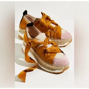 Free People Chapmin Espadrille Sneakers Womens 38/7.5 Pink Brown Bows Balletcore